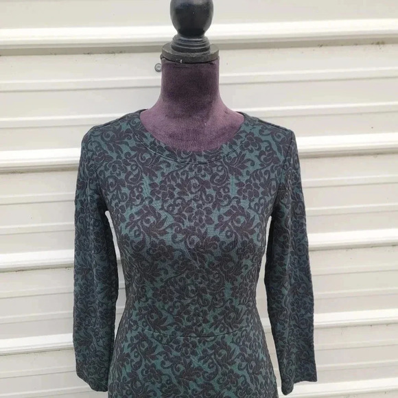 Loft Ann Taylor A-Line Floral Green Black Emerald Dress Long Sleeve Stretch Sz 4 - Picture 2 of 12